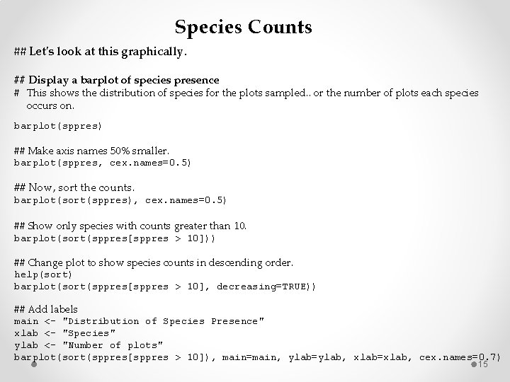 Species Counts ## Let's look at this graphically. ## Display a barplot of species