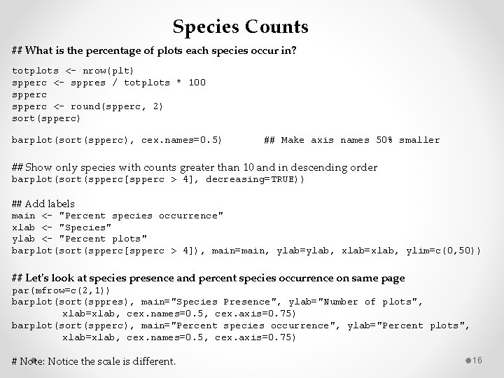 Species Counts ## What is the percentage of plots each species occur in? totplots