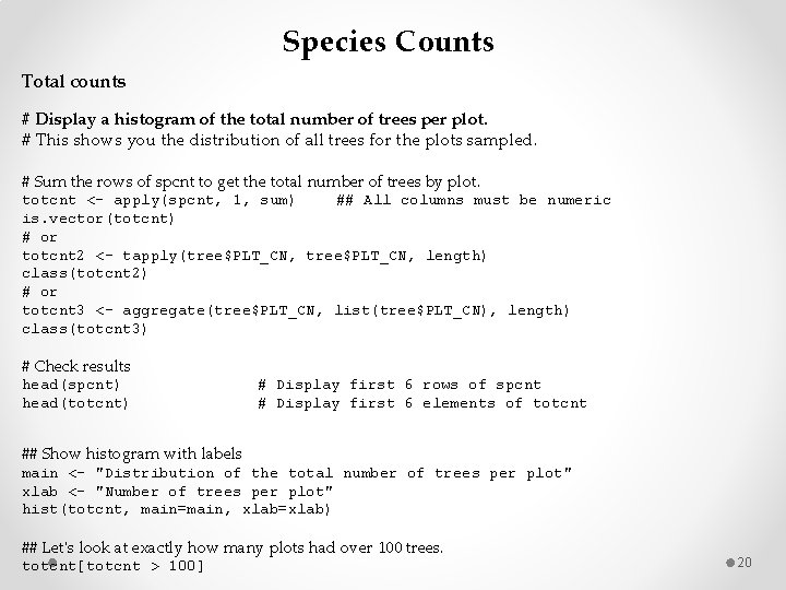 Species Counts Total counts # Display a histogram of the total number of trees