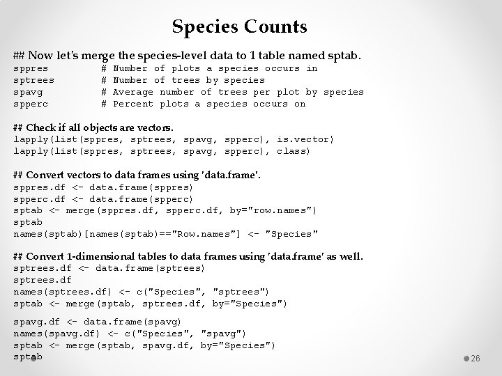 Species Counts ## Now let's merge the species-level data to 1 table named sptab.