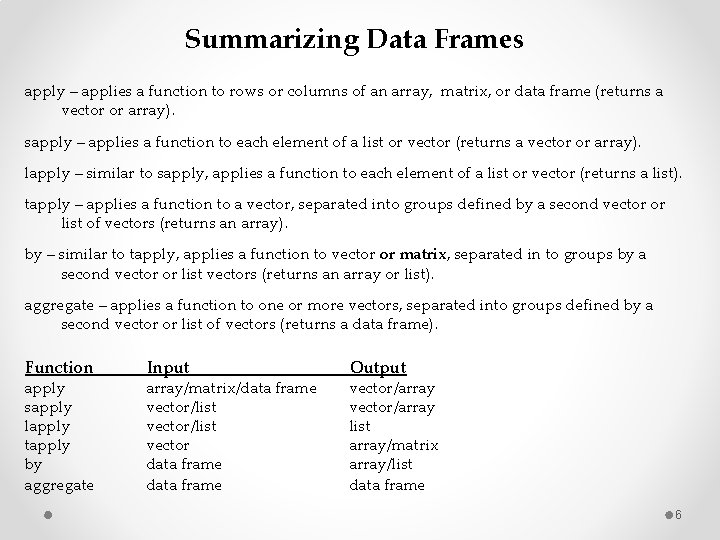 Summarizing Data Frames apply – applies a function to rows or columns of an