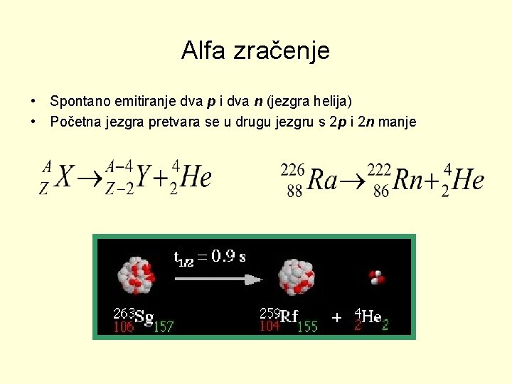 Alfa zračenje • Spontano emitiranje dva p i dva n (jezgra helija) • Početna Alfa zračenje • Spontano emitiranje dva p i dva n (jezgra helija) • Početna