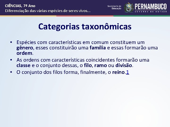 CIÊNCIAS, 7º Ano Diferenciação das várias espécies de seres vivos. . . Categorias taxonômicas CIÊNCIAS, 7º Ano Diferenciação das várias espécies de seres vivos. . . Categorias taxonômicas