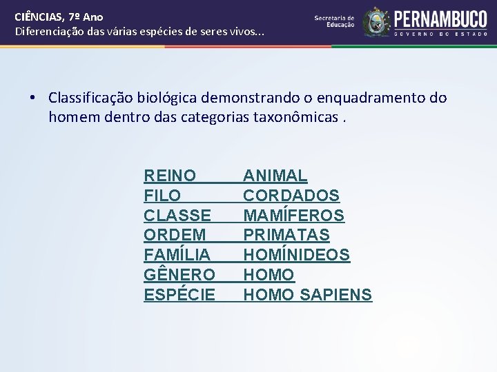CIÊNCIAS, 7º Ano Diferenciação das várias espécies de seres vivos. . . • Classificação CIÊNCIAS, 7º Ano Diferenciação das várias espécies de seres vivos. . . • Classificação