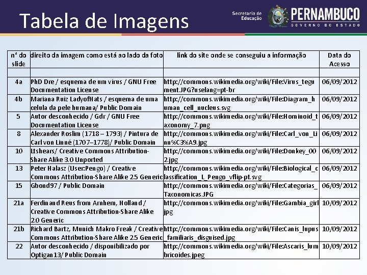 Tabela de Imagens n° do direito da imagem como está ao lado da foto Tabela de Imagens n° do direito da imagem como está ao lado da foto
