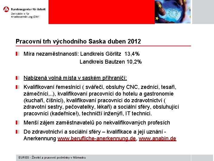 Pracovní trh východního Saska duben 2012 Míra nezaměstnanosti: Landkreis Görlitz 13, 4% Landkreis Bautzen