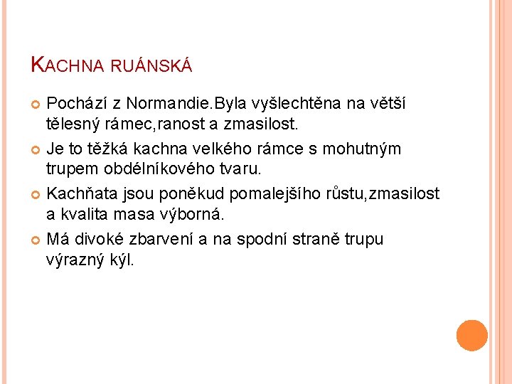 KACHNA RUÁNSKÁ Pochází z Normandie. Byla vyšlechtěna na větší tělesný rámec, ranost a zmasilost.