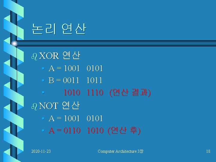 논리 연산 b XOR 연산 • A = 1001 0101 • B = 0011