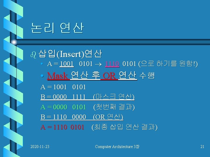 논리 연산 b 삽입(Insert)연산 • A = 1001 0101 1110 0101 (으로 하기를 원함!)