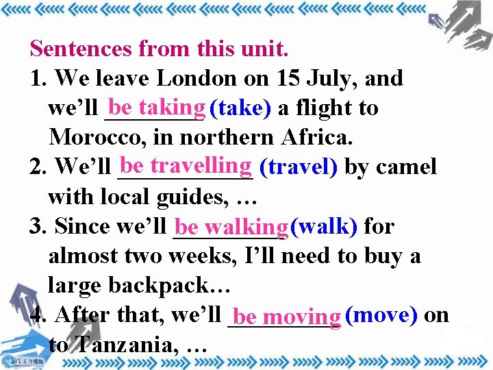 Sentences from this unit. 1. We leave London on 15 July, and be taking Sentences from this unit. 1. We leave London on 15 July, and be taking