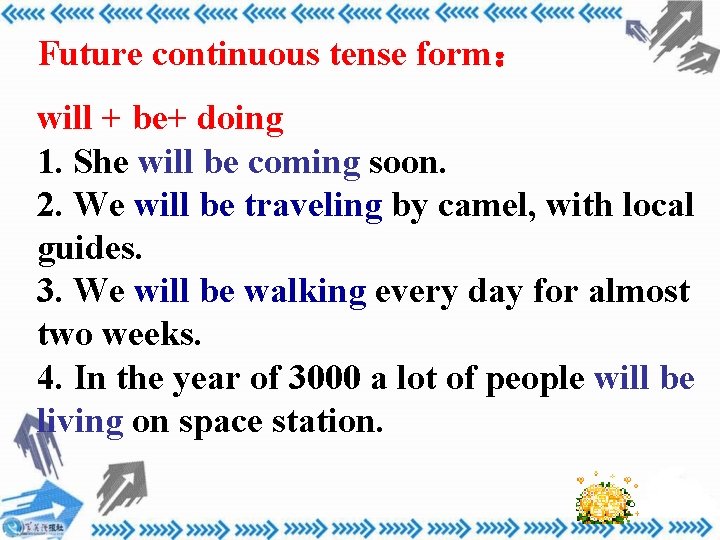 Future continuous tense form: will + be+ doing 1. She will be coming soon. Future continuous tense form: will + be+ doing 1. She will be coming soon.