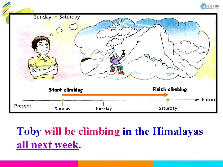 Start climbing Finish climbing Toby will be climbing in the Himalayas all next week. Start climbing Finish climbing Toby will be climbing in the Himalayas all next week.