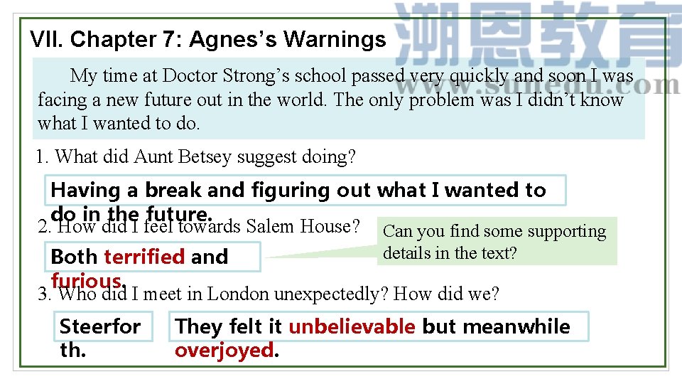 VII. Chapter 7: Agnes’s Warnings My time at Doctor Strong’s school passed very quickly