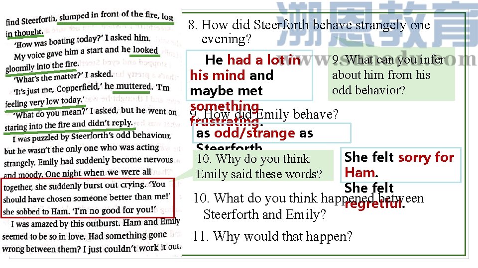 8. How did Steerforth behave strangely one evening? 9. What can you infer He