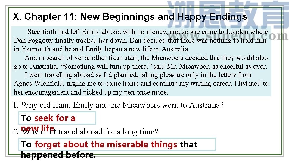 X. Chapter 11: New Beginnings and Happy Endings Steerforth had left Emily abroad with