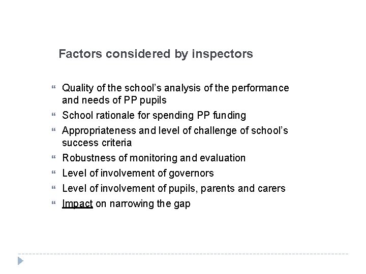 Factors considered by inspectors Quality of the school’s analysis of the performance and needs
