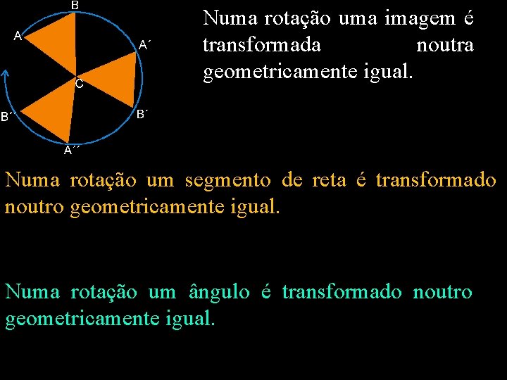 Numa rotação uma imagem é transformada noutra geometricamente igual. Numa rotação um segmento de