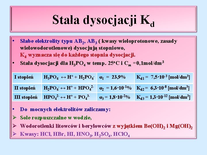 Stała dysocjacji Kd • Słabe elektrolity typu AB 2, AB 3 ( kwasy wieloprotonowe,