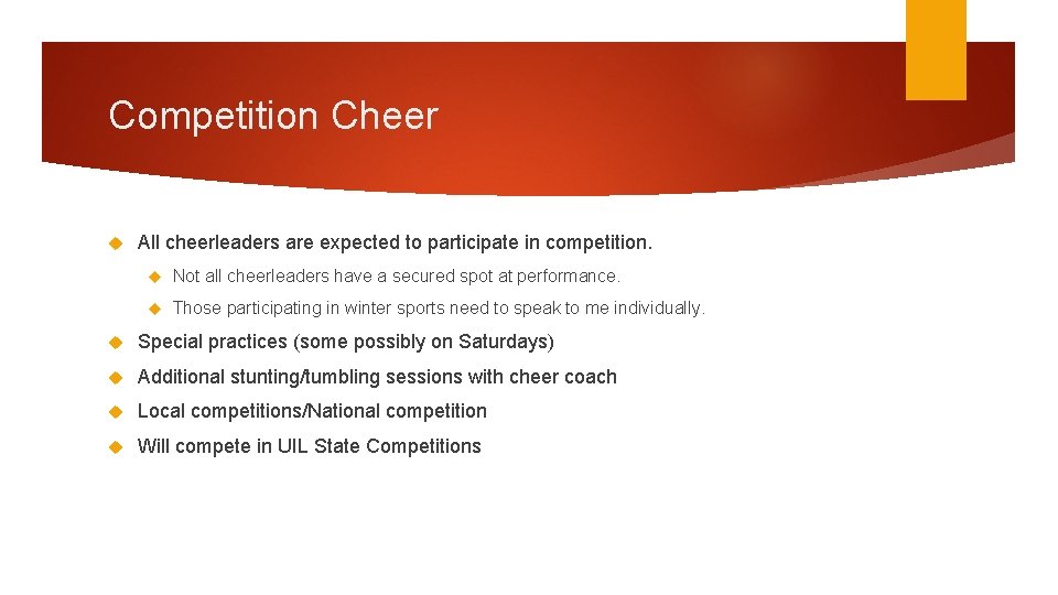Competition Cheer All cheerleaders are expected to participate in competition. Not all cheerleaders have