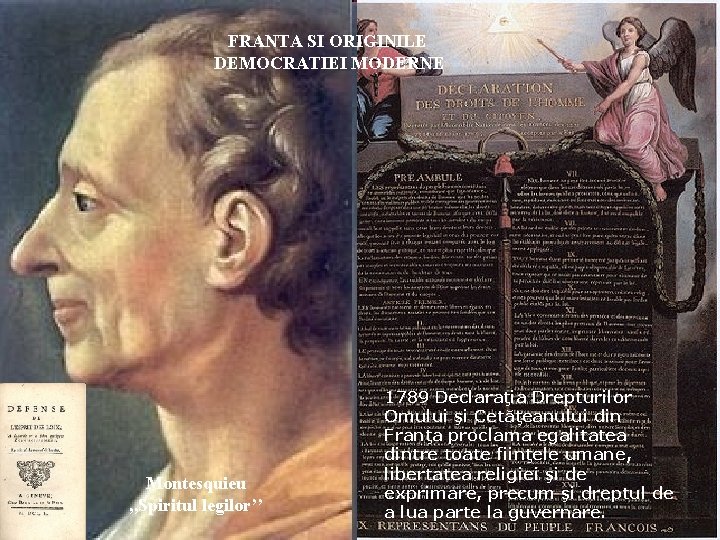 FRANTA SI ORIGINILE DEMOCRATIEI MODERNE Montesquieu , , Spiritul legilor’’ 1789 Declaraţia Drepturilor Omului
