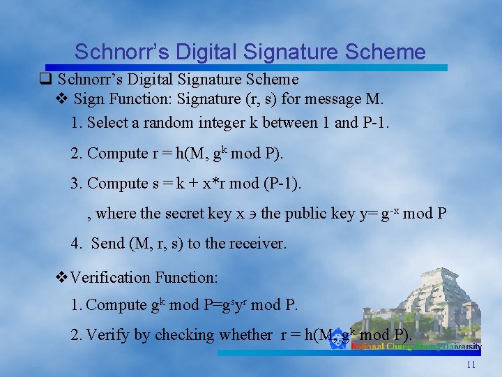 Schnorr’s Digital Signature Scheme q Schnorr’s Digital Signature Scheme v Sign Function: Signature (r,