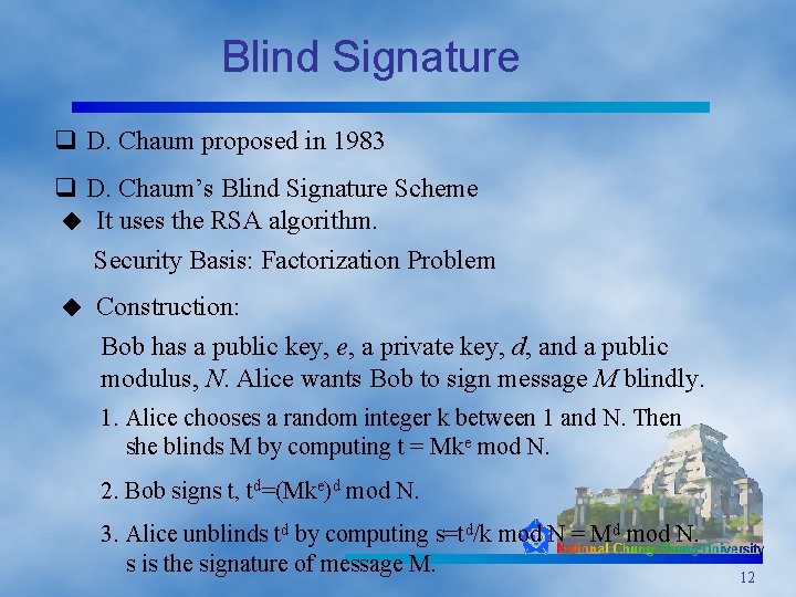 Blind Signature q D. Chaum proposed in 1983 q D. Chaum’s Blind Signature Scheme