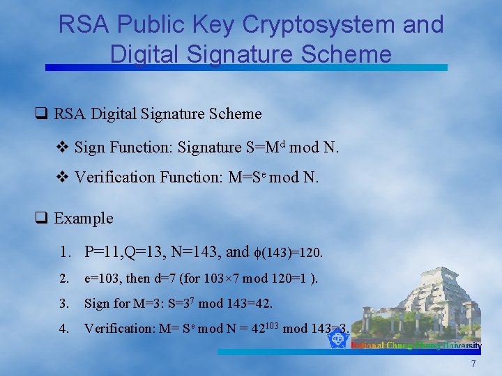RSA Public Key Cryptosystem and Digital Signature Scheme q RSA Digital Signature Scheme v