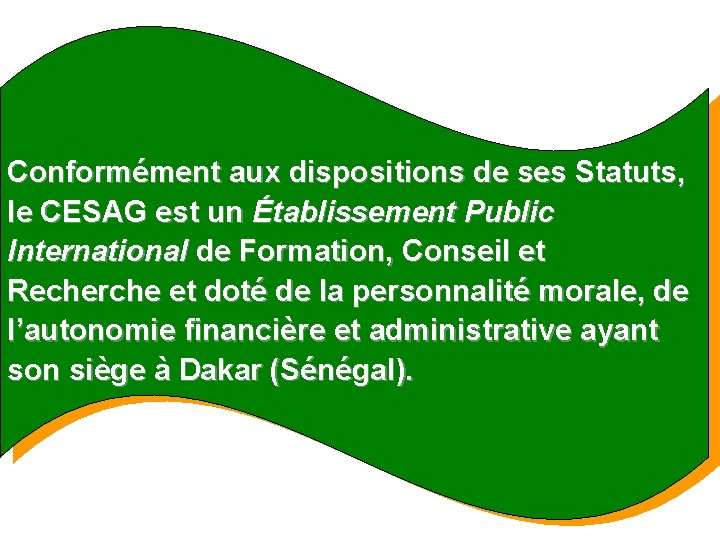 Conformément aux dispositions de ses Statuts, le CESAG est un Établissement Public International de