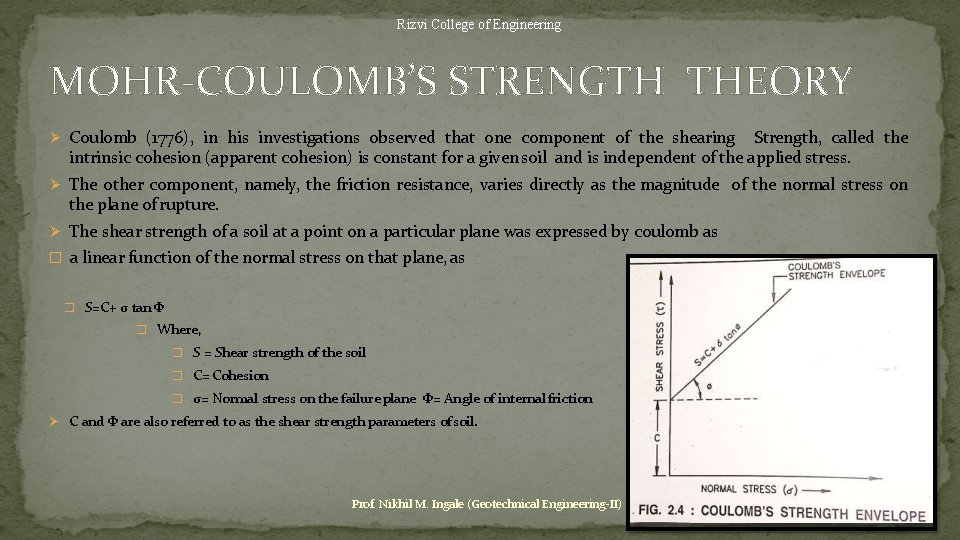 Rizvi College of Engineering MOHR-COULOMB’S STRENGTH THEORY Coulomb (1776), in his investigations observed that