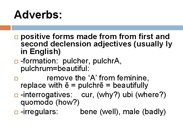 Adverbs: positive forms made from first and second declension adjectives (usually ly in English)