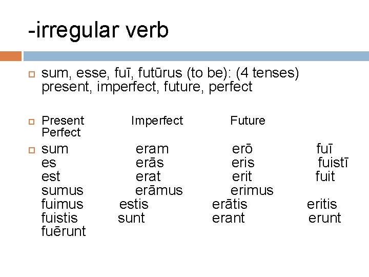 -irregular verb sum, esse, fuī, futūrus (to be): (4 tenses) present, imperfect, future, perfect