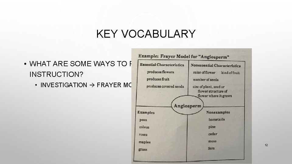KEY VOCABULARY • WHAT ARE SOME WAYS TO PROVIDE VOCABULARY INSTRUCTION? • INVESTIGATION FRAYER