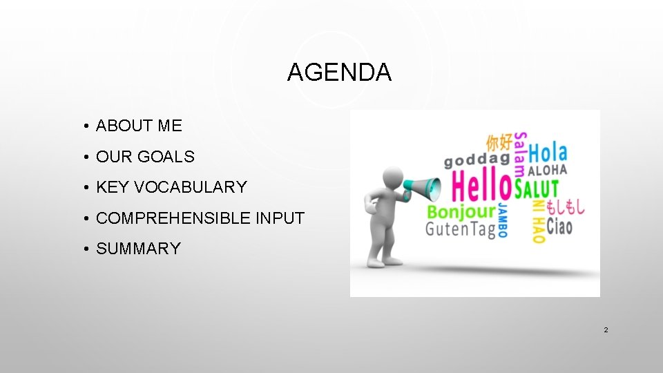 AGENDA • ABOUT ME • OUR GOALS • KEY VOCABULARY • COMPREHENSIBLE INPUT •