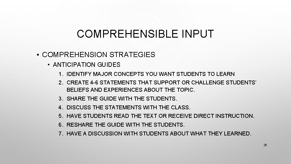 COMPREHENSIBLE INPUT • COMPREHENSION STRATEGIES • ANTICIPATION GUIDES 1. IDENTIFY MAJOR CONCEPTS YOU WANT