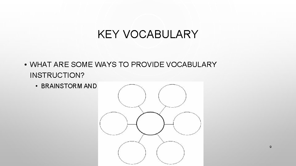 KEY VOCABULARY • WHAT ARE SOME WAYS TO PROVIDE VOCABULARY INSTRUCTION? • BRAINSTORM AND