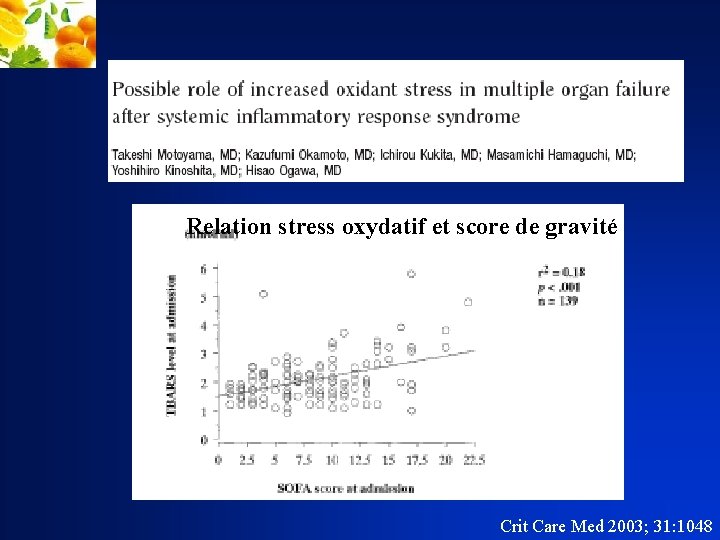 Relation stress oxydatif et score de gravité Crit Care Med 2003; 31: 1048 