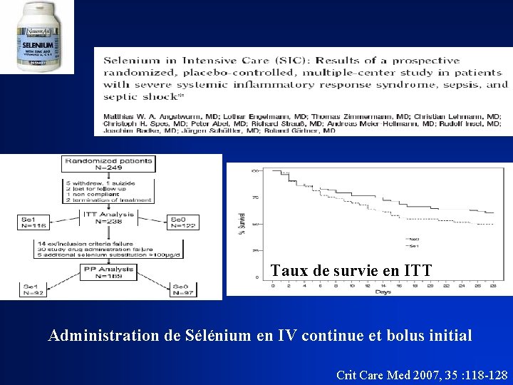 Taux de survie en ITT Administration de Sélénium en IV continue et bolus initial
