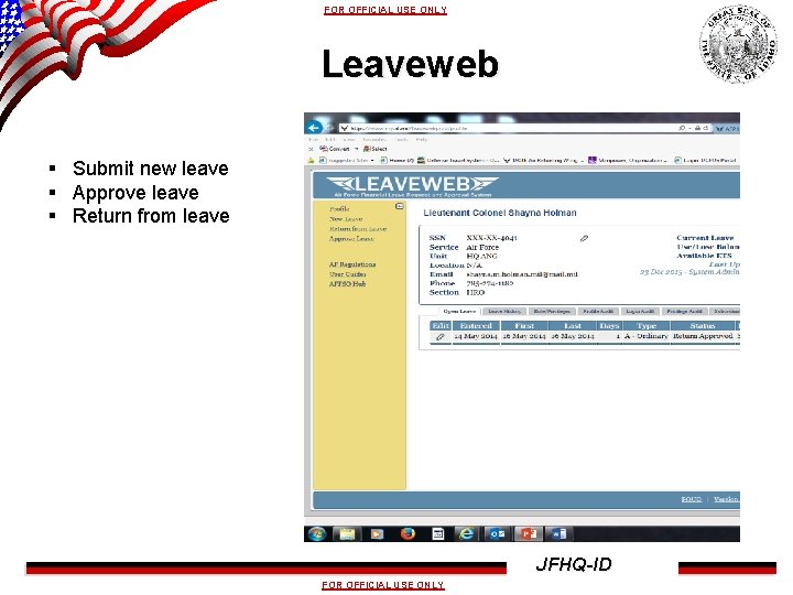 FOR OFFICIAL USE ONLY Leaveweb § Submit new leave § Approve leave § Return