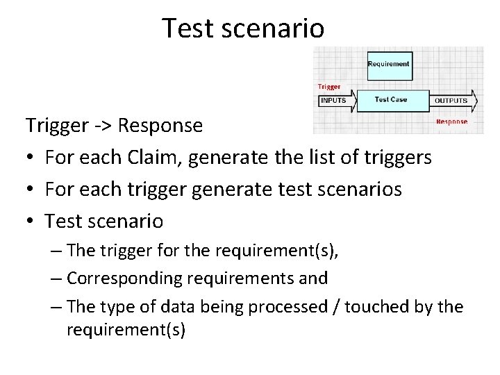 Test scenario Trigger -> Response • For each Claim, generate the list of triggers