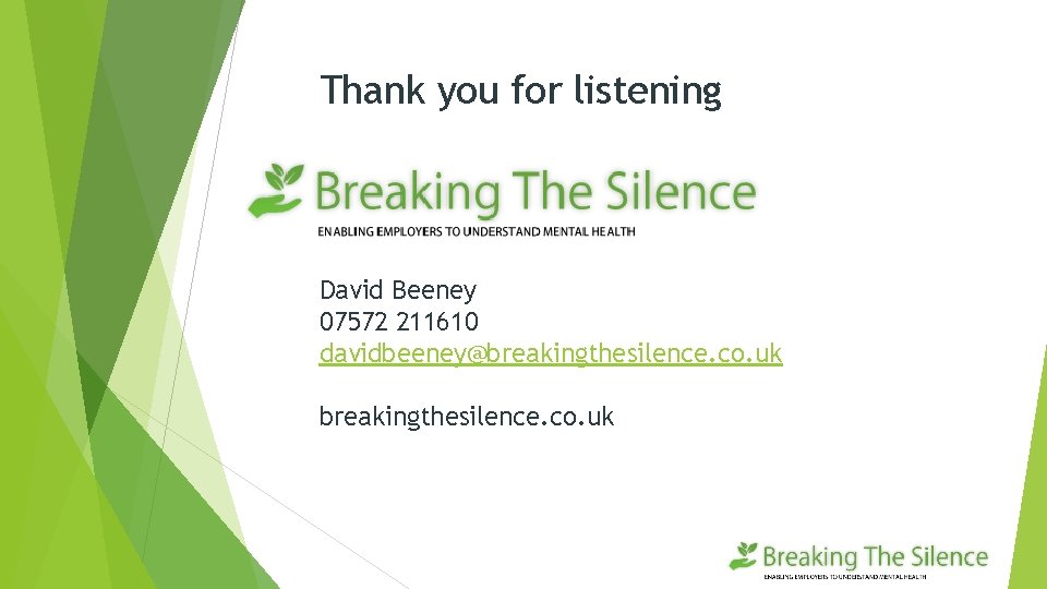 Thank you for listening David Beeney 07572 211610 davidbeeney@breakingthesilence. co. uk 