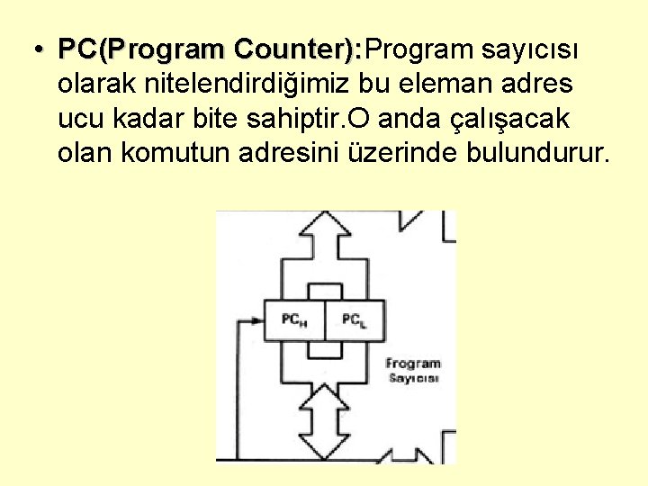  • PC(Program Counter): Program sayıcısı ): olarak nitelendirdiğimiz bu eleman adres ucu kadar