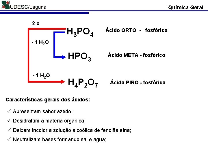 Química Geral 2 x H 3 PO 4 Ácido ORTO - fosfórico HPO 3