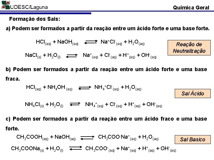 Química Geral Formação dos Sais: a) Podem ser formados a partir da reação entre