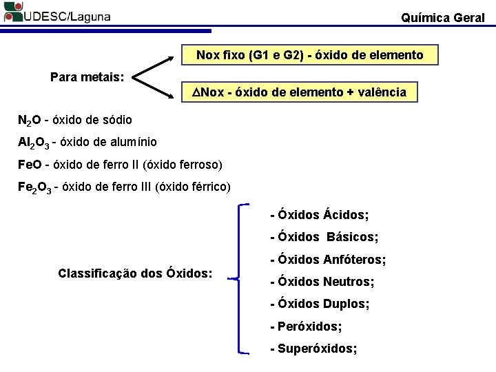 Química Geral Nox fixo (G 1 e G 2) - óxido de elemento Para