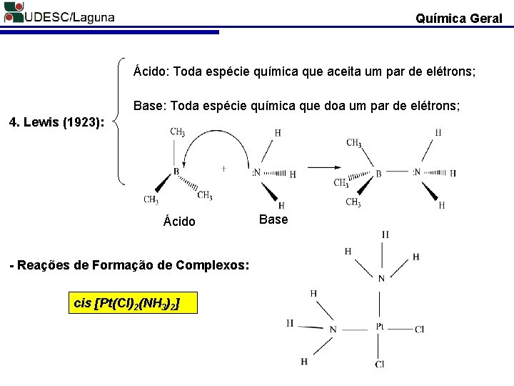 Química Geral Ácido: Toda espécie química que aceita um par de elétrons; Base: Toda