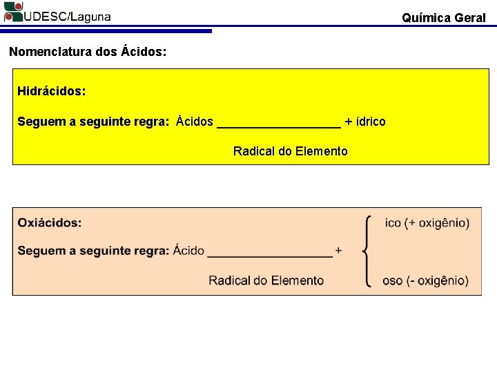 Química Geral Nomenclatura dos Ácidos: Hidrácidos: Seguem a seguinte regra: Ácidos _________ + ídrico