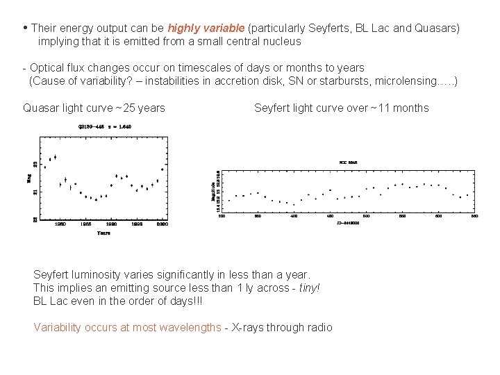  • Their energy output can be highly variable (particularly Seyferts, BL Lac and