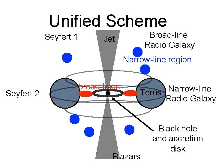 Unified Scheme Seyfert 1 Broad-line Radio Galaxy Jet Narrow-line region Seyfert 2 broad-lines Torus