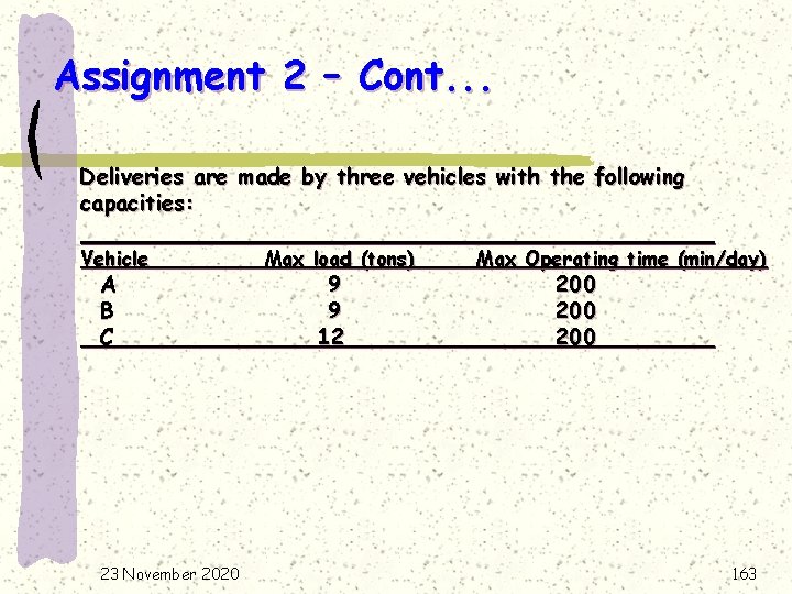 Assignment 2 – Cont. . . Deliveries are made by three vehicles with the