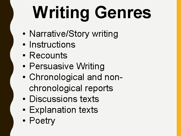 Writing Genres • • • Narrative/Story writing Instructions Recounts Persuasive Writing Chronological and nonchronological